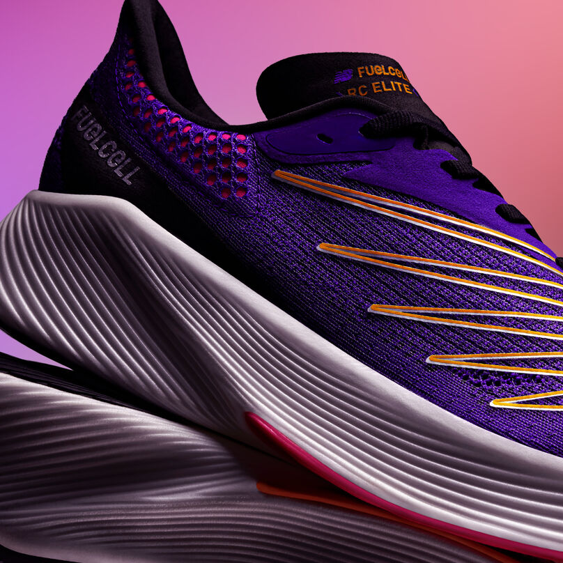 Cropped side profile of purple FuelCell RC Elite shoe, with a gradient background
