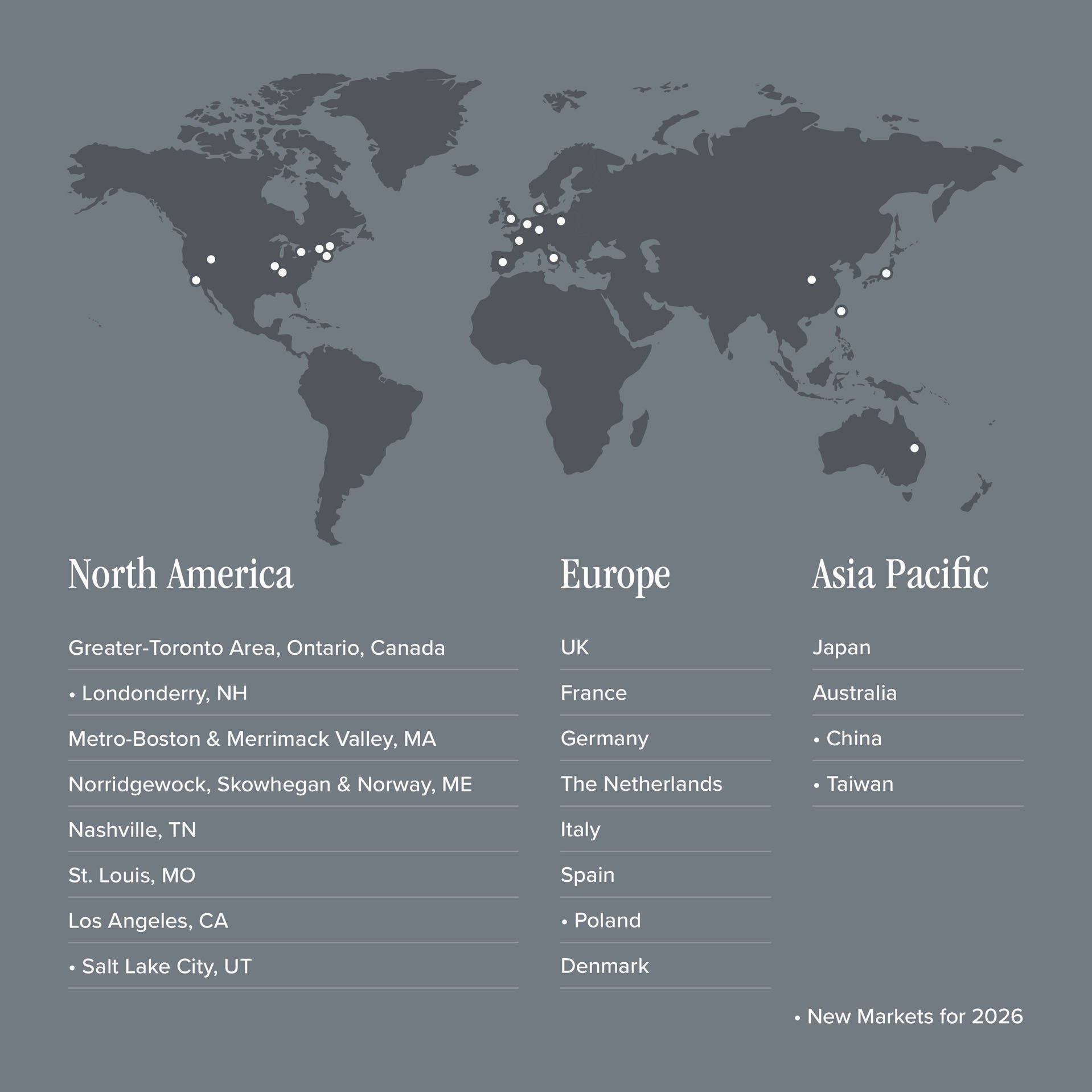 A map that shows the geographies where New Balance Foundation provides grants and includes the United States, Canada, United Kingdom and parts of Europe.